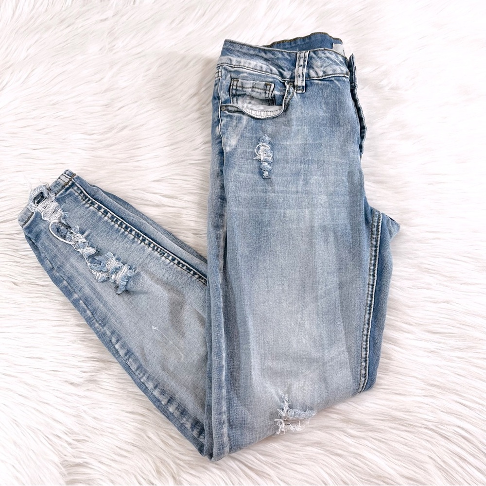 distressed light wash skinny jeans, size 4